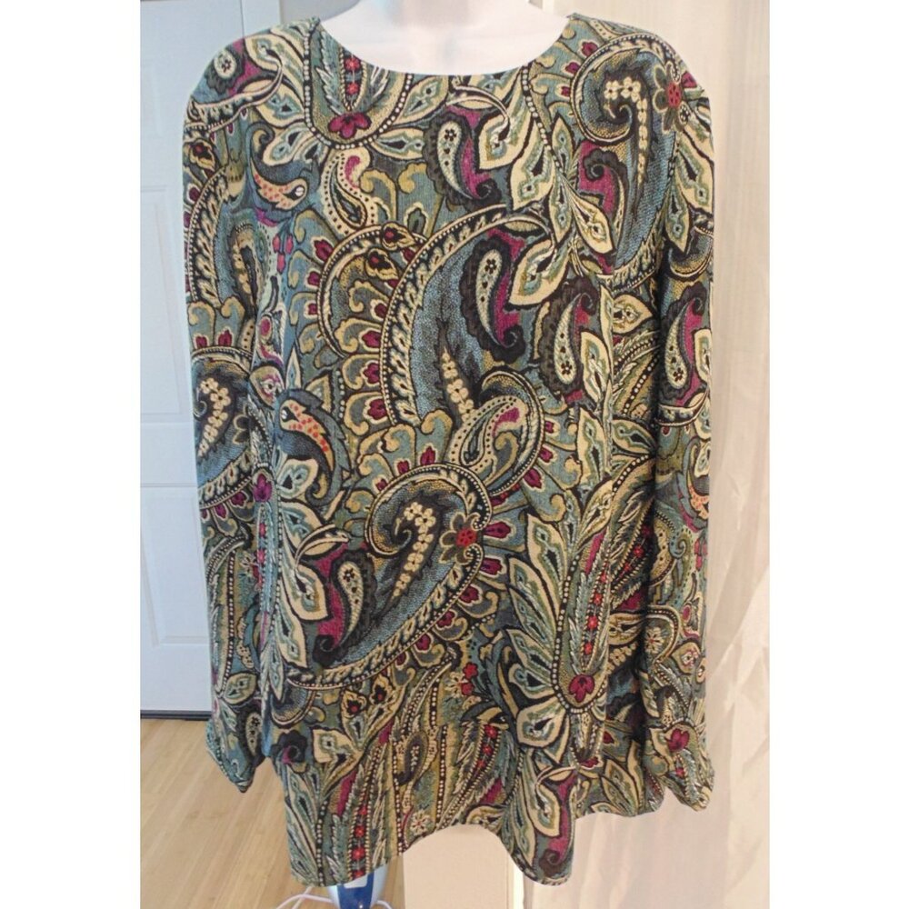 J.Jill Paisley Long Sleeve Top Asymmetrical Hem Blouse Blue Green Tunic Large